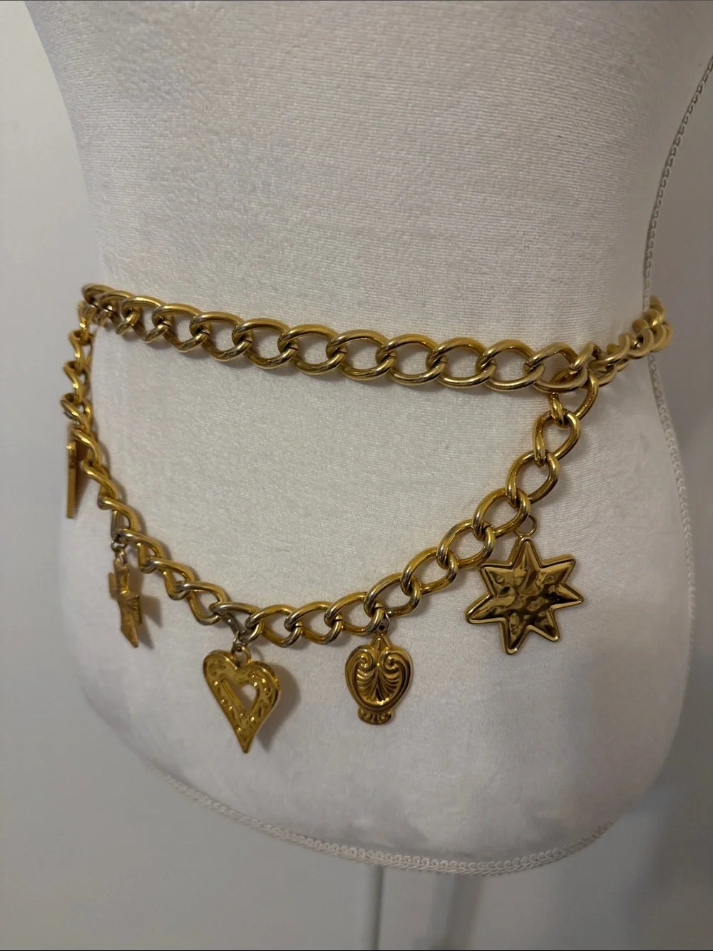 Vintage, Gold Charm Chain Waist Belt with Heart & Star Charms